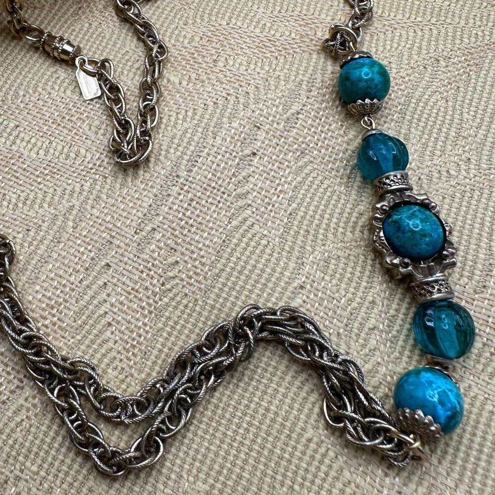 1928 Necklace with dark green stones/glass on burnished copper chain